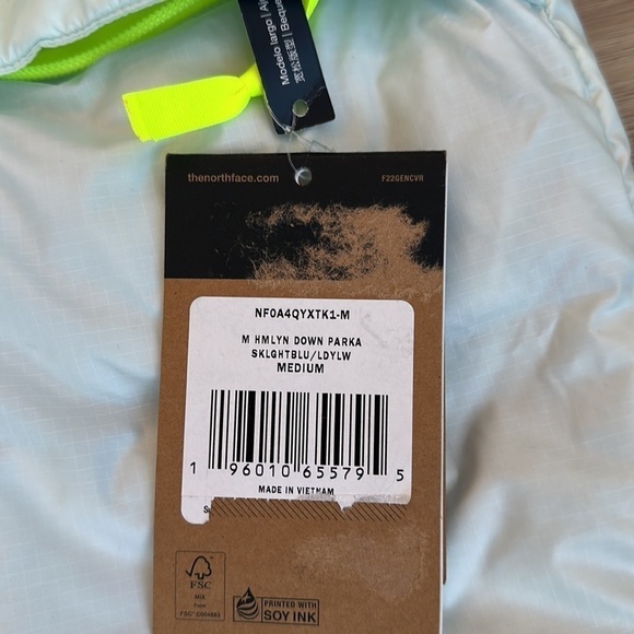 Men's The North Face HMLYN Down Parka size medium light blue/fluorescent yellow - Picture 4 of 7